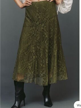 Anthropologie Olive Lace A-Line Midi Skirt with Floral Overlay SOLD OUT